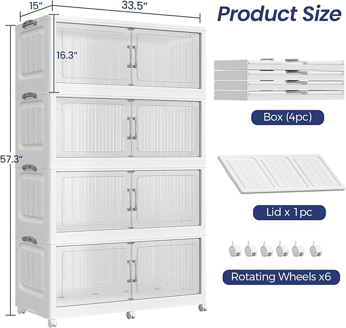 200Gal Extra Large Stackable Storage Bins with Lid, 800QT Foldable Collapsible Storage Box with Doors and Wheels, Plastic Closet Organizers Container Drawer for Bedroom Dorm Kitchen, 4Pack