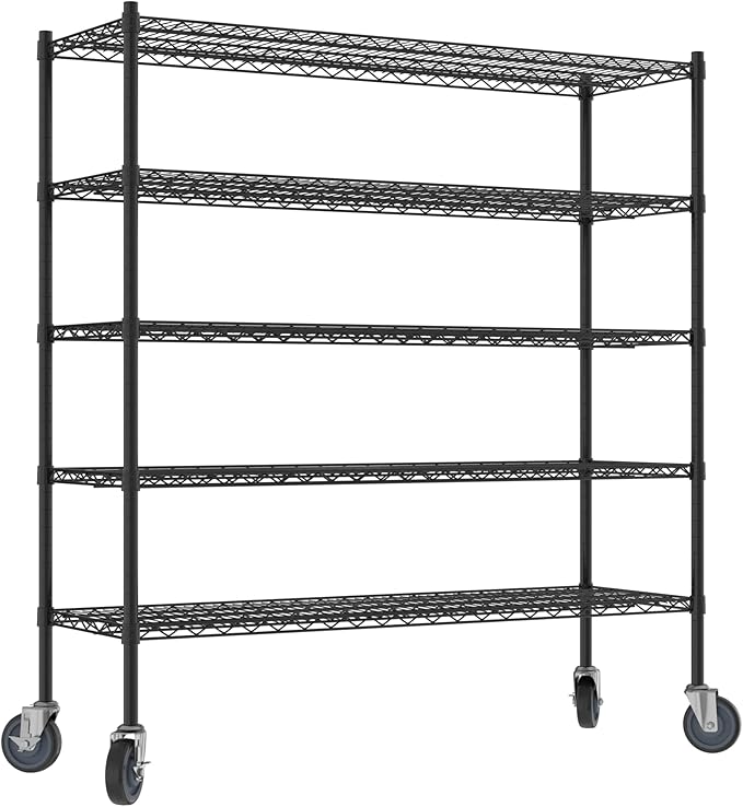 Commercial NSF Listed Black Epoxy Mobile Wire Shelving Kit 18" x 54" x 60", with 5 Shelves Perfect for Warehouse, Walk-in Refrigerator, Freezer, Grocery Store, Restaurant, Dishroom