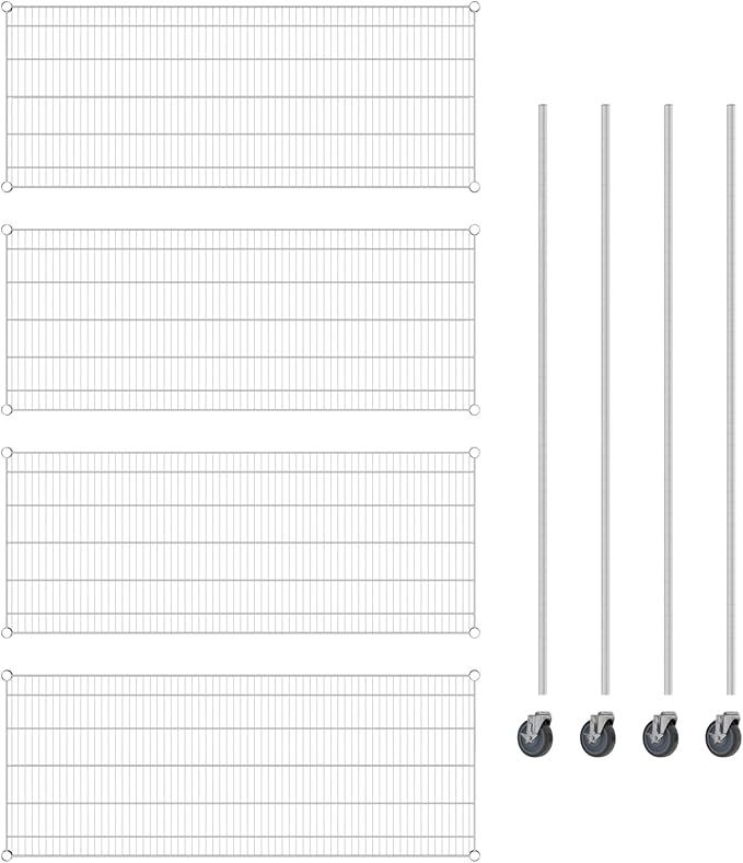 Commercial NSF Listed Chrome Mobile Wire Shelving Kit 24" x 60" x 80", with 4 Shelves Perfect for Warehouse, Walk-in Refrigerator, Freezer, Grocery Store, Restaurant, Dishroom