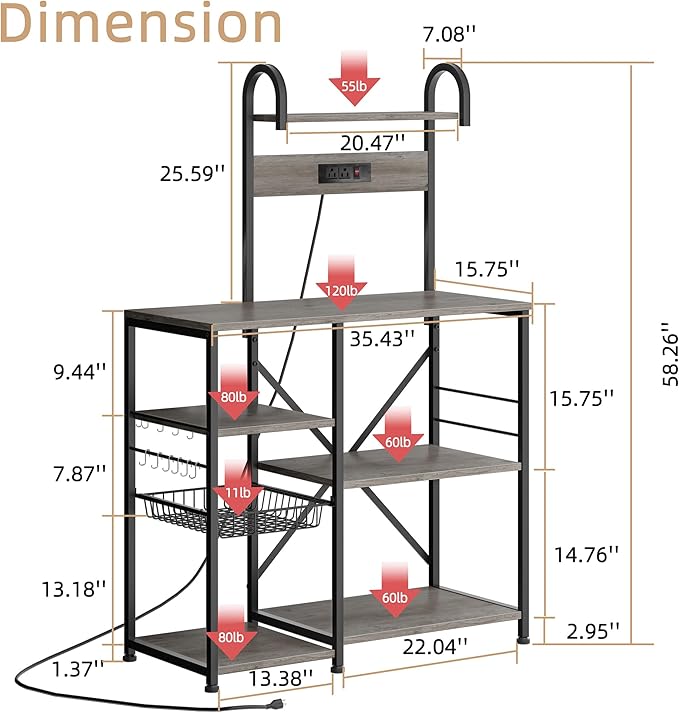 JAMFLY Bakers Rack with Power Outlet, Microwave Stand, kitchen Storage Shelf with 6 Hooks, Coffee Bar Station with Wire Basket, 6 Tier Kitchen Rack for Living Room, Spice, Pots and Pans Organizer