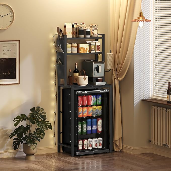 Bakers Rack with Mini Fridge Shelf, 3-Tier Microwave Stand, Coffee Bar Station with Paper Holder, Freestanding Kitchen Storage Rack, for Kitchen, Black BRBK5401