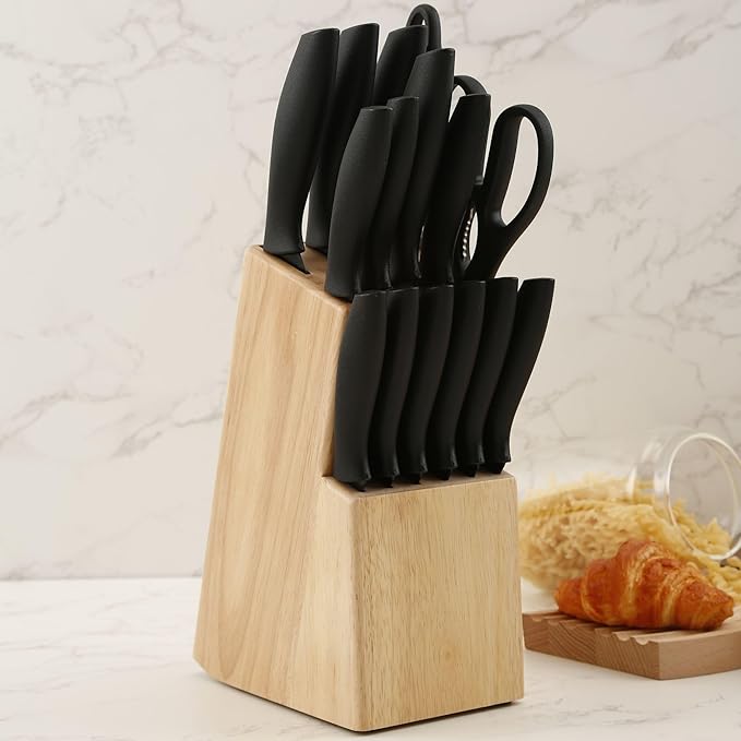 Kitchen knife holder elegant & sturdy (15 slots). Universal knife block with slots for knives, scissor and sharpenner. Knife Block without Knives. Kitchen knife holders for counter top. (Pine)