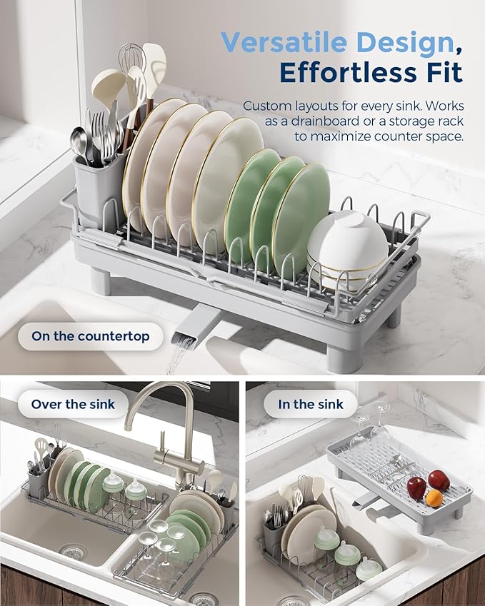 Nacial Small Dish Drying Rack with Utensil Holder, Expandable Dish Rack Over Sink with Auto-Drain Tray, Compact Dish Drainer for Kitchen Counter, Stainless Steel Dish Rack Fits 14''–21.8'' Sink, Gris