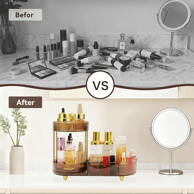 Makeup Organizer Rotating Perfume Tray 5-compartment Cosmetic and Skincare Organizers Makeup Brush Holder for Bathroom Vanity Bedroom Counter Countertop (Brown-Silver Foot Mat)