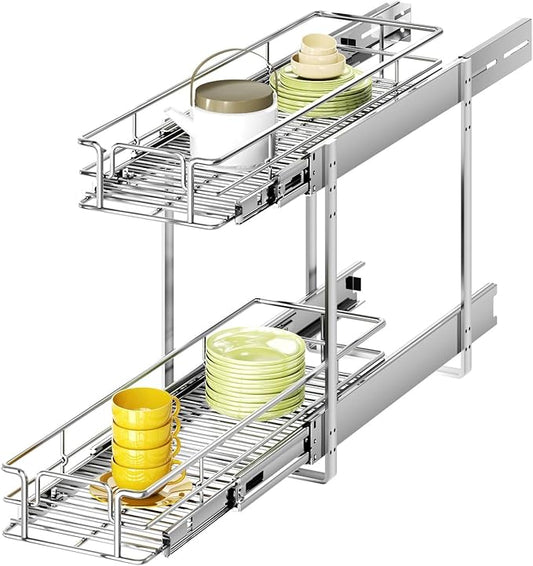 2-Tier Pull Out Cabinet Organizer, 7.5" W x 21.5" D, Heavy Duty Dual Slide Out Shelves for Narrow Base Cabinets, Chrome Wire Basket Drawer for Spices, Bottles & Snacks