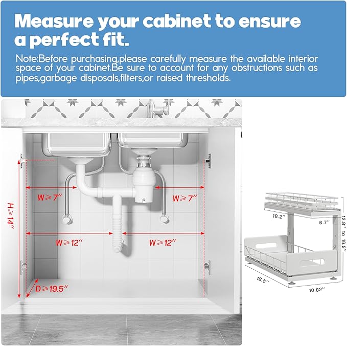 1 Pack 18 IN Depth Under Sink Organizer with Smooth Ball Bearing Slides,2-Tier Pull Out Cabinet Storage,Slide Out Drawers for Bathroom&Kitchen,Rust-resistant Coating,Height Adjustable-White