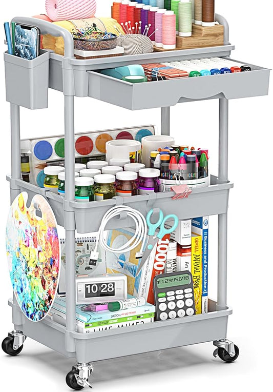 3 Tier Rolling Cart with Drawer, Bathroom Storage Organizer with 2 Lockable Wheels, Multifunctional Rolling Storage Cart for Bathroom, Kitchen, Office, Craft, Makeup, Baby Essentials, Gray