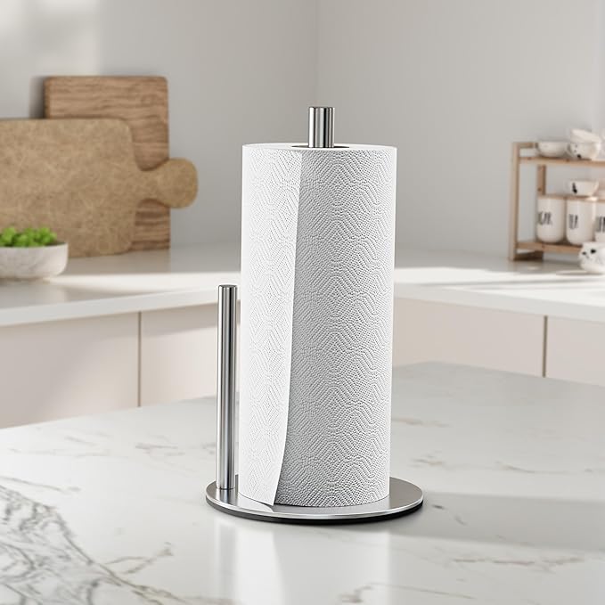 Stainless Steel Paper Towel Holder Stand for Kitchen Countertop and Bathroom, Upright Kitchen Paper Towel Holder for Large and Standard Rolls(Silver)