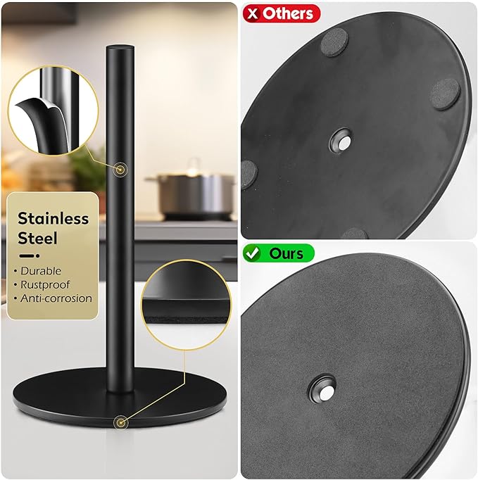 Black Paper Towel Holder, Countertop Paper Towels Holder, Premium Stainless Steel Paper Towel Holder Stand, Non-Slip Kitchen Paper Roll Holders with Weighted Base
