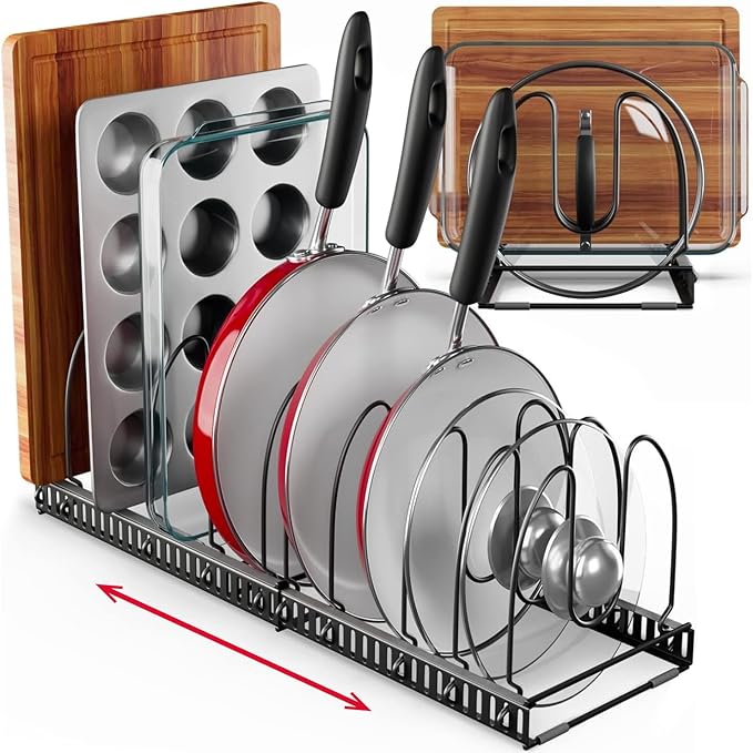 Better Things Home BTH 12-Slot Adjustable Pan and Pot Lid Organizer with Scratch-Free Pads, Expandable Pot Lid Holder Rack for Cabinet, Pots and Pans Organizer Inside Cabinet