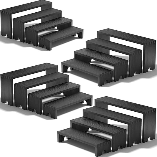 4 Set Large Black Wooden Tiered Riser Display Stands for Vendor Events,Stackable Wooden Cupcake Stand,Farmhouse Decor Wood Dessert Table Display Set,Vendor Booth Display Items,Food Display Risers for Party（12-11.2-10.4-9.6IN）