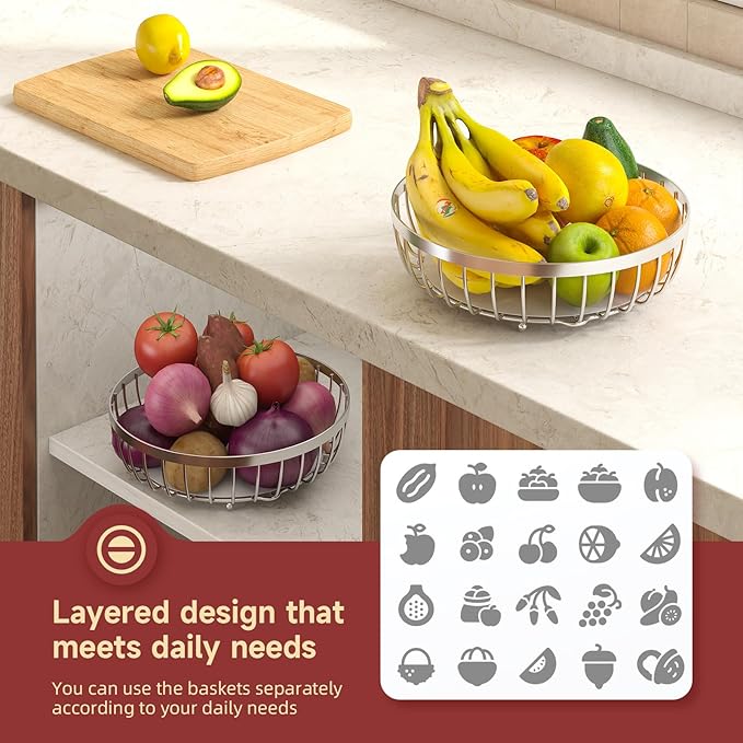 2 Tier Fruit Basket for Kitchen Counter with 2 Banana Hangers, 2025 Pro Detachable Metal Fruit Bowl with Wooden Handle,Fruit Holder for Bread Snack Veggies, Silvery Extra Large