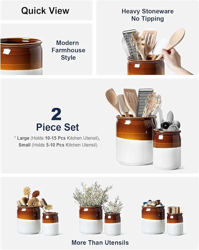 LE TAUCI Kitchen Utensil Holder, 7.2“&5.4” Ceramic Utensil Crock for Countertop, Rustic Modern Farmhouse Decor, Large Heavy Spatula Organizer, Vintage Two-Tone Glossy Glaze, Set of 2, Brown & White