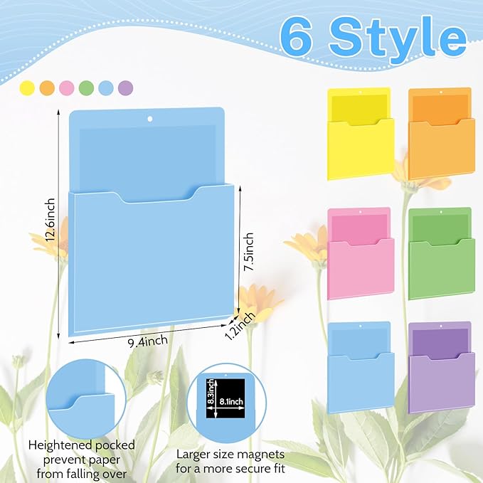 Fuutreo 6 Pcs Magnetic Wall File Organizer Magnetic Wall File Holder Refrigerator Magazine Holder for Mail Letters Paper(Macaron Color,12.2 x 9.4 Inch)