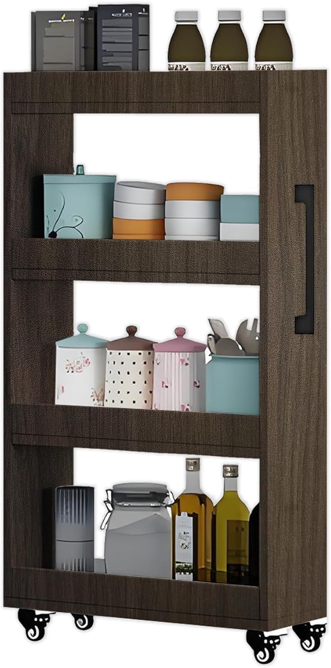 7-Tier Slim Rolling Storage Cart, Wooden Narrow Pantry Cabinet with Wheels, Tall Space-Saving Shelf Organizer for Kitchen, Laundry, Bathroom (Light Brown, 47.2" H*7.8" W*19.6" D)