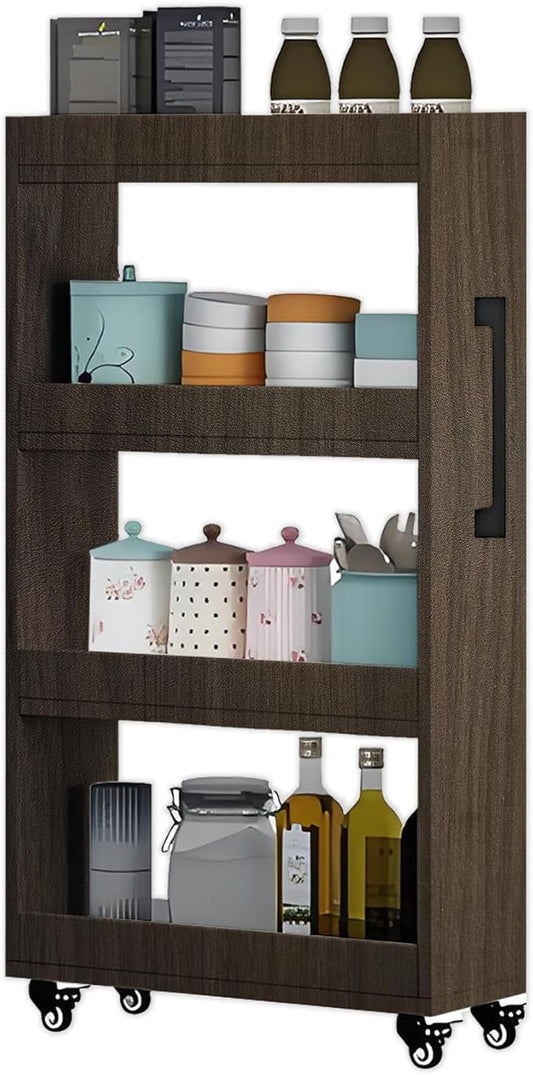 7-Tier Slim Rolling Storage Cart, Wooden Narrow Pantry Cabinet with Wheels, Tall Space-Saving Shelf Organizer for Kitchen, Laundry, Bathroom (Light Brown, 47.2" H*7.8" W*19.6" D)