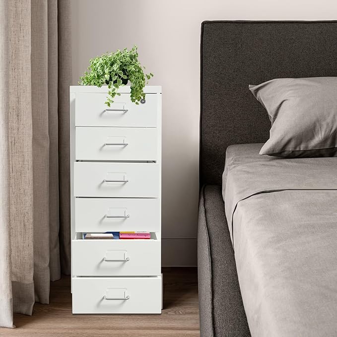Vertical Metal File Cabinet with Lock, 6 Drawer Rolling Filing Cabinet on Wheels for A4 Legal and Letter Size Small Mobile File Organizer Cabinet for Home Office, 11x16x27in White