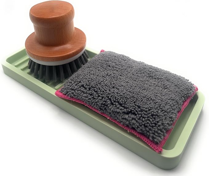 Happitasa Silicone Kitchen Sink Organizer Tray, Sponge Holder and Countertop Protector | Bathroom and Kitchen Soap Dish and Dispenser Tray (Pistachio, 9"x3.5", 5.6 Ounces)