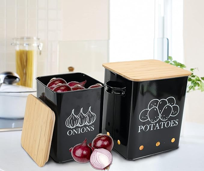 Kitchen Vegetable Storage Tins Set of 2 for Potatoes, Onion, with wooden lid Garlic Bin Caddy, Long Shelf Life-Black