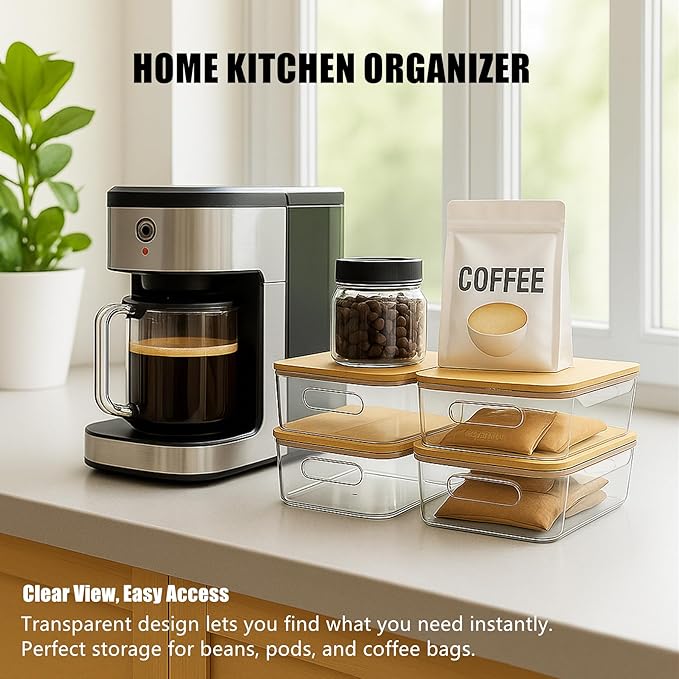 CiWiVOKi 6 Pack Clear Storage Bins with Bamboo Lids, Stackable Organization and Storage Containers with Handle for Pantry, Cabinet, Closet, Fridge, Bathroom, Organizer Bins for Home & Kitchen