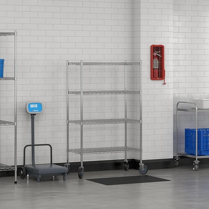 Commercial NSF Listed Chrome Mobile Wire Shelving Kit 18" x 36" x 60", with 4 Shelves Perfect for Warehouse, Walk-in Refrigerator, Freezer, Grocery Store, Restaurant, Dishroom