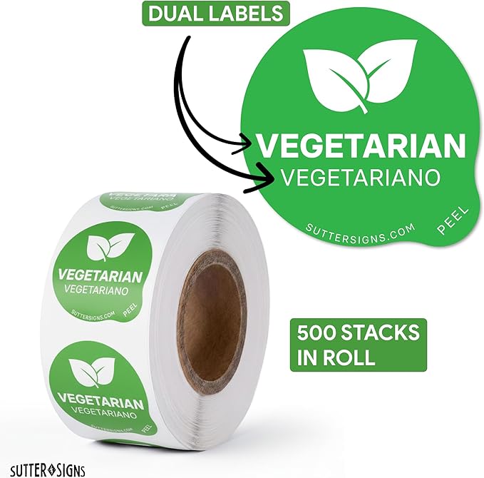 Vegetarian Food Labels 500 pcs | 1" Dot Bold Sticker Labels for Party Buffet, Delis, Sandwich Shops, Food Containers