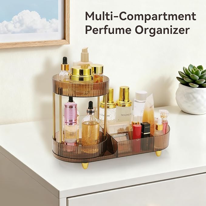 Makeup Organizer Rotating Perfume Tray 5-compartment Cosmetic and Skincare Organizers Makeup Brush Holder for Bathroom Vanity Bedroom Counter Countertop (Brown-Silver Foot Mat)