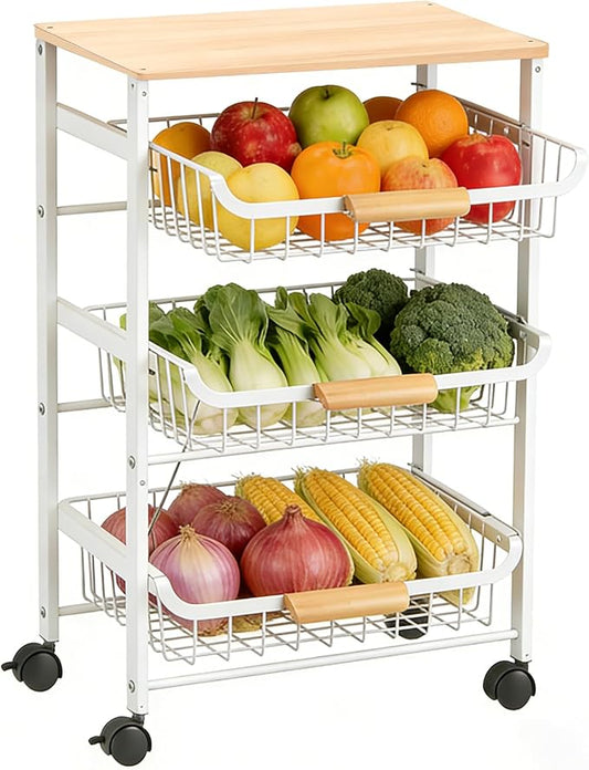 4-Tier Fruit Basket for Kitchen Counter Utility Organizer Carts on Wheels&Wood Top with Storage, Rolling Kitchen Cart for Pantry, Living Room (White)