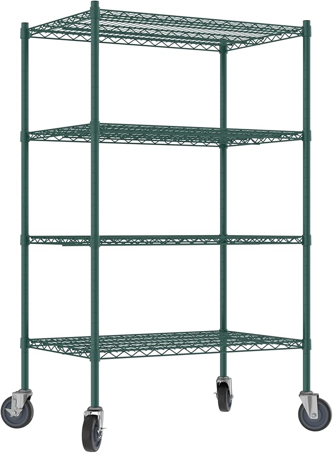 Commercial NSF Listed Green Epoxy Mobile Wire Shelving Kit 24" x 36" x 60", with 4 Shelves Perfect for Warehouse, Walk-in Refrigerator, Freezer, Grocery Store, Restaurant, Dishroom