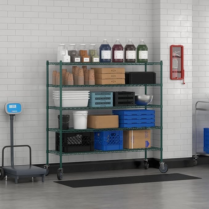 Commercial NSF Listed Green Epoxy Mobile Wire Shelving Kit 18" x 60" x 60", with 5 Shelves Perfect for Warehouse, Walk-in Refrigerator, Freezer, Grocery Store, Restaurant, Dishroom