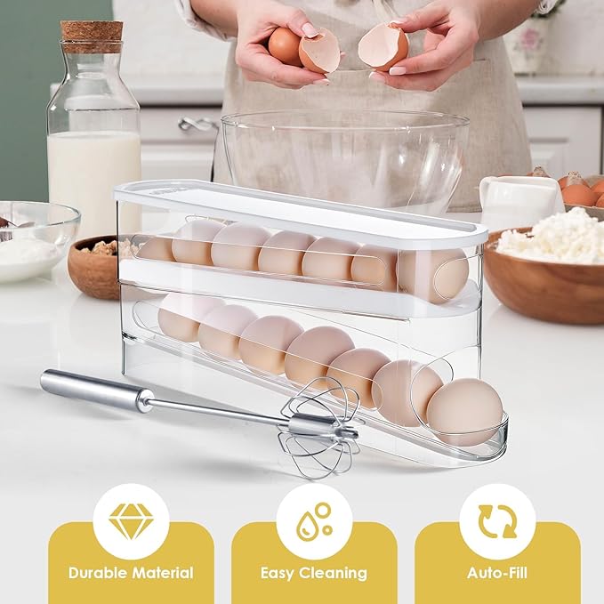 Sylphide Auto Rolling Fridge Egg Organizer, Space Saving Eggs Dispenser for Refrigerator Storager, Home Egg Holder, Includes Stainless Steel Egg Whisk