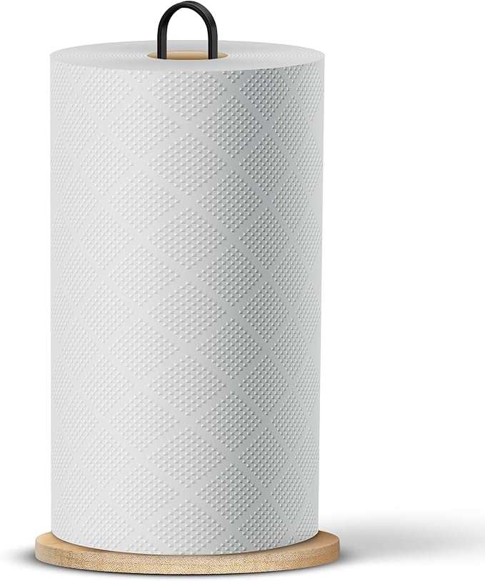 Wooden Paper Towel Holder Countertop – Bambüsi Freestanding Kitchen Paper Towel Stand with Non-Slip Base, Easy Install Durable Modern Farmhouse Decor, Fits Standard & Large Rolls for Kitchen, Bathroom
