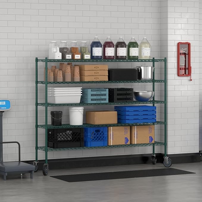 Commercial NSF Listed Green Epoxy Mobile Wire Shelving Kit 14" x 72" x 60", with 5 Shelves Perfect for Warehouse, Walk-in Refrigerator, Freezer, Grocery Store, Restaurant, Dishroom