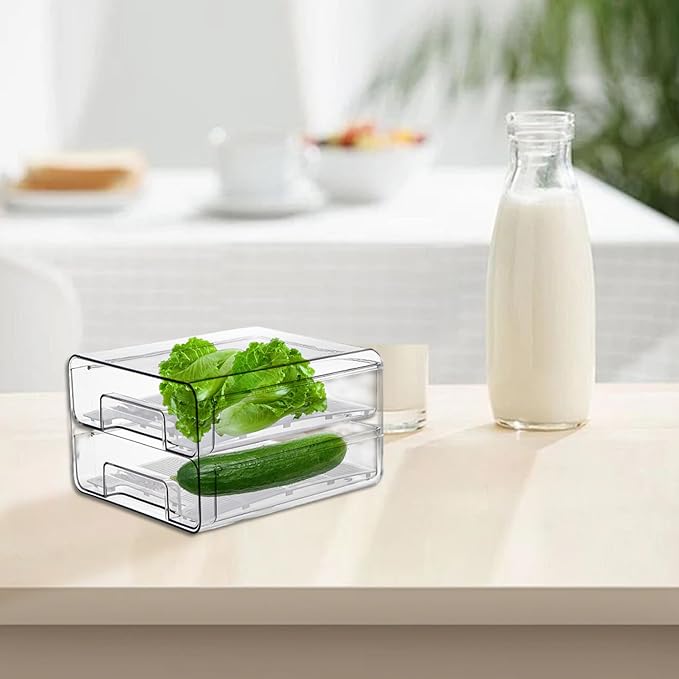 Fridge Drawer 2 Layer Pull-Out Transparent PET Fridge Drawer Organizer Stackable Fresh Keeping Refrigerator Organizer ...