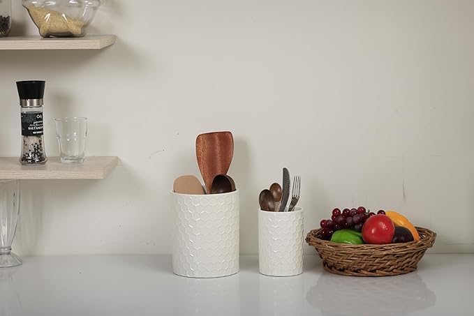 Docrin Ceramic Kitchen Utensil Holder 2 Pack - 6.8"+5.1" Inch Countertop Storage Organizer, Non-Slip Base, Easy to Clean, Elegant White Ceramic Crocks for Spatulas, Spoons, Ladles & Cooking Gadgets