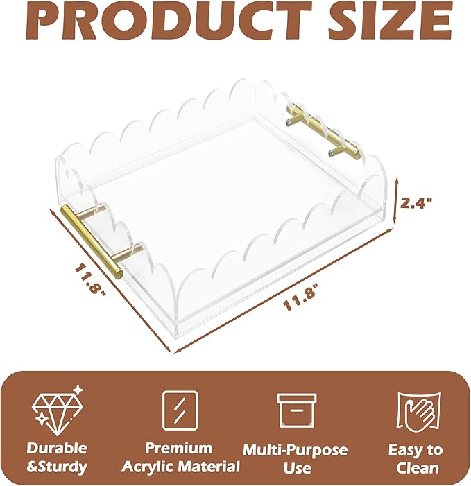 Scalloped Acrylic Tray with Metal Handles,12" x 12" Clear Acrylic Display Tray with Pull-Out Drawer for Photos, Art Prints, Postcards, Decorative Organizer Trays for Vanity,Home,Office