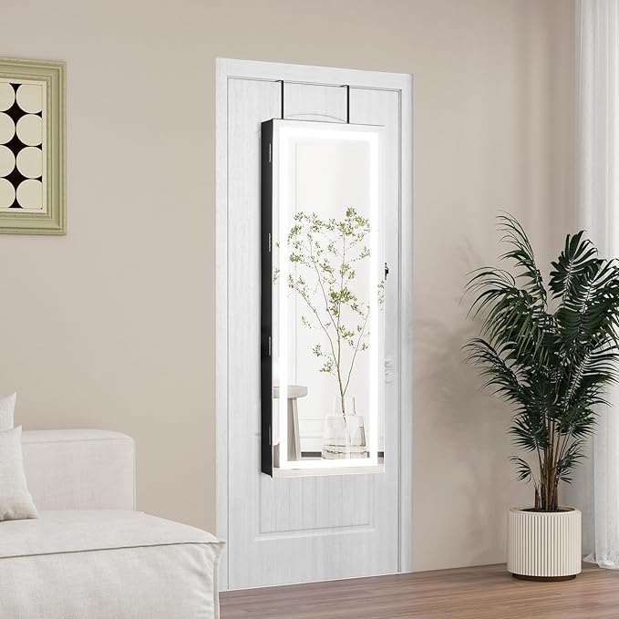 NAFORT LED Mirror Jewelry Armoire, Full Length Mirror with Storage Box, Wall or Door Mounted Organizer Cabinet, Lockable Over the Door Jewelry Storage, Black