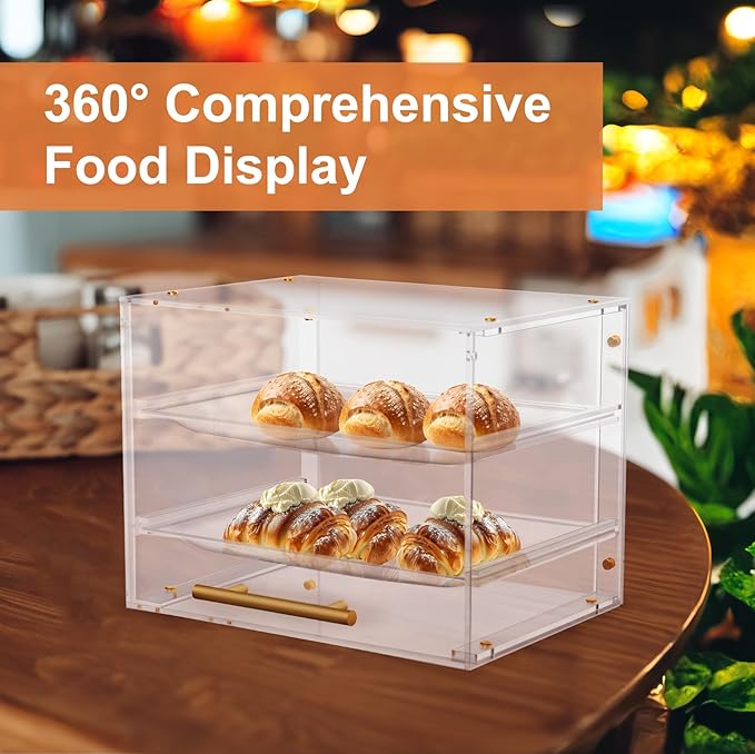Acrylic Pastry Display Case Countertop 2 Tier Bakery Display Case with Magnetic Door for Cookie Display, Dessert Display, Cake Display, Clear Bread Box for Home and Commercial Kitchen