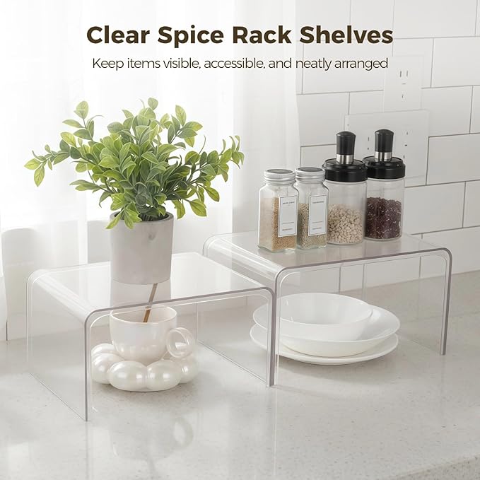 4 Pcs Clear Spice Rack Shelves, Pantry Organizers and Storage Set, Display Shelf Organizer, Stackable Desktop Organizer for Kitchen, Bathroom, 10.6 x 7.7 x 6.3 in & 7.4 x 5.3 x 10.6 in