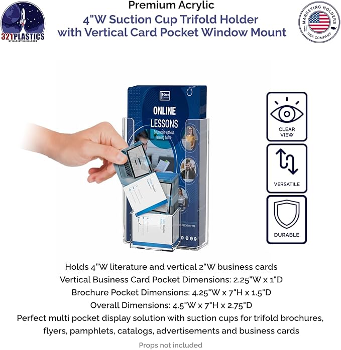 2 Pack Suction Cup Trifold Holder with Card Slot for 4" Menus and 2" x 3.5" Vertical Contact Info Cards Glass Walls or Window Mounting in Auto Shops Retail Shops or Big Box Stores by Marketing Holders