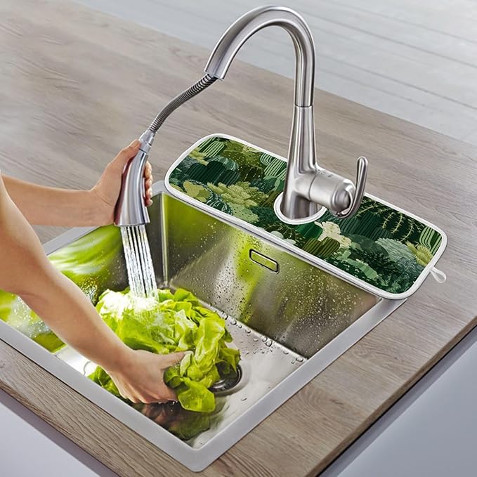 2 PCS Kitchen Sink Splash Guard 23.6 Inch Faucet Mat for Kitchen Sink Bathroom Sink Faucet Absorbing Drip Drain Mat Pad Microfiber Soft Washable Dark Green Cactus Plants