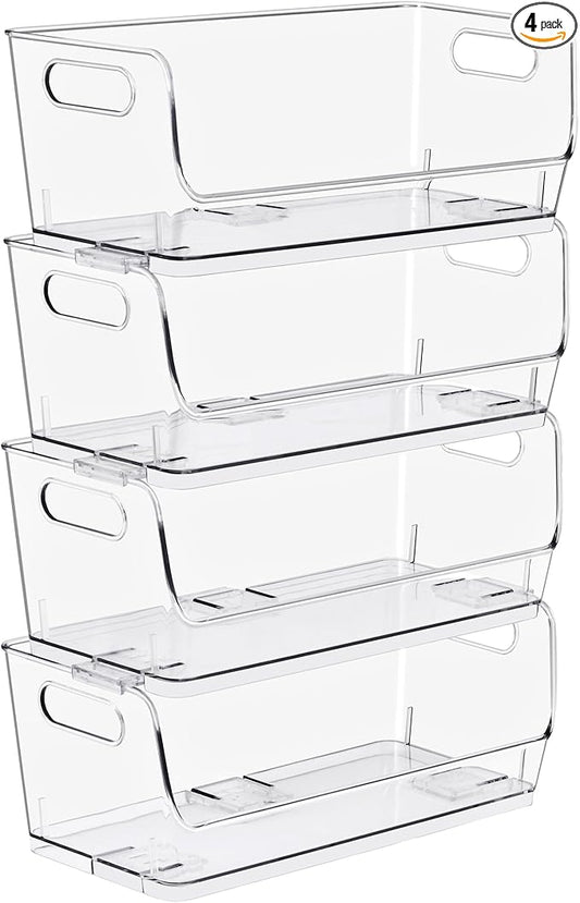Sorbus Stackable Storage Bins Open Front, Clear Stackable Storage Bins, Pantry Bins for Storage and Organization, Acrylic Stackable Bins for Kitchen, Clear Pantry Organizer Bins (Small Narrow 4 Pack)