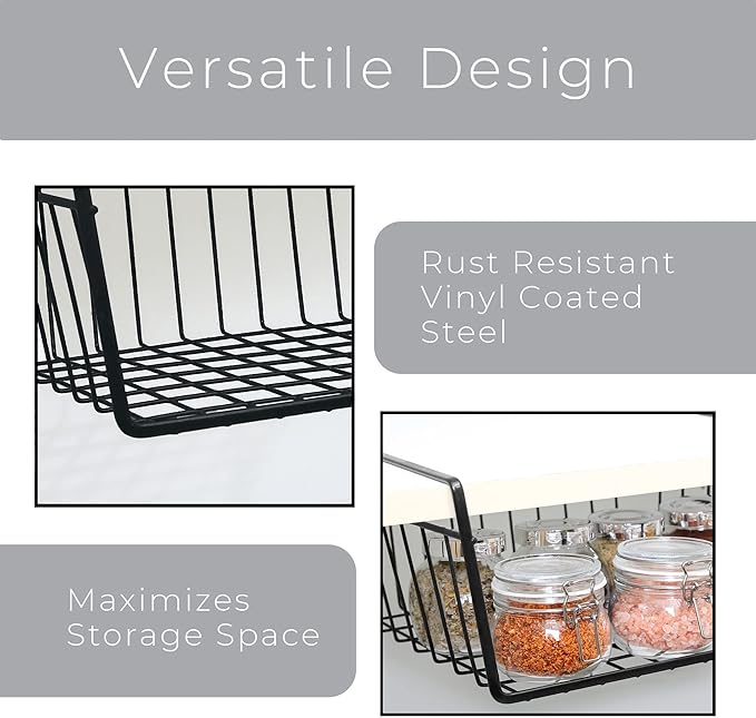 Smart Design Undershelf Storage Basket - Small - Snug Fit Arms - Steel Metal Wire - Rust Resistant - Under Shelves, Cabinet, Pantry, and Shelf Organization - 12 x 5.5 Inch - Black