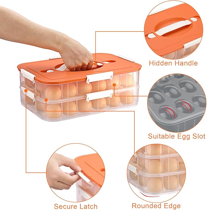 BTSKY Deviled Egg Platter with Lid, 2-Layer 36 Slots Deviled Eggs Carrier, Clear Portable Egg Holder for Fridge Reusable Deviled Eggs Tray Carton Box for Easter and Party Favor (2-Layer, Orange)