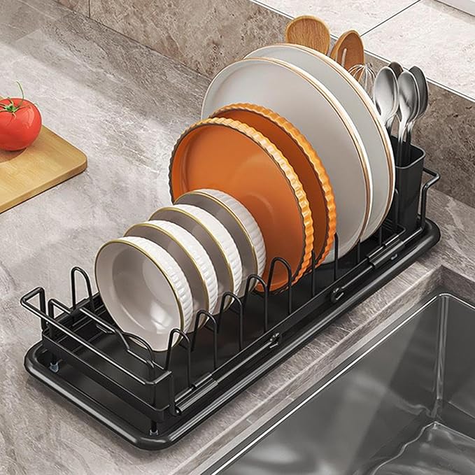 Dish Drying Rack, Retractable Sink Drainer, Adjustable Non Slip Organizer for Kitchen Counters Apartment RV Farmhouse Use Holding Pots Pans Utensils, Space Saving Design for Daily Cleaning