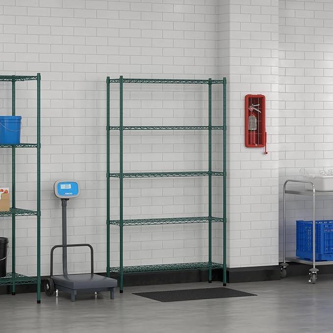 Commercial NSF Listed Green Epoxy Stationary Wire Shelving Kit 12" x 42" x 74", with 5 Shelves Perfect for Warehouse, Walk-in Refrigerator, Freezer, Grocery Store, Restaurant, Dishroom