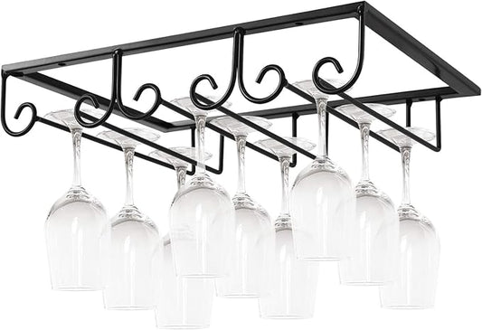 MOCOUM Under Cabinet Glass Rack, Stemware Hanger - 3 Rows Wine Glass Holder for Kitchen Cabinet Bar (Black)