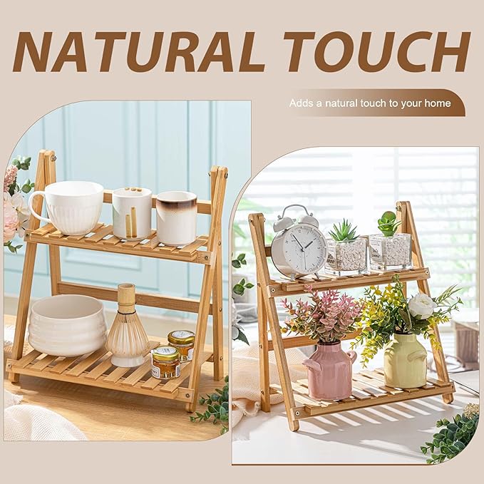 Matcha Station Shelf, 11.8'' Coffee Station Organizer, 2 Tiers Bamboo Mug Holder Countertop, Desktop Flower Pot Rack for Home Living Room Window Sill Foldable Display Storage Shelf(Wood)