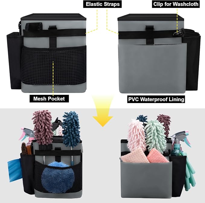Wigojoy Wearable Large Cleaning Caddy Bag for Housekeeper, Clean Supply Organizer with Adjustable Shoulder, Waist & Handle Straps, Detailing Bag for Kitchen Supplies (Black&Gray)