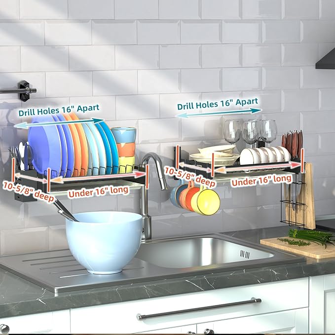 Hanging Wall Mounted Dish Drying Rack Set with Detachable & Removable Layer*2, Hook*4, Drain Tray*2, Apartment & RV Wall Mounted Dish Rack, Adhesive Mountable, Length: 15.9", Washable (Black)
